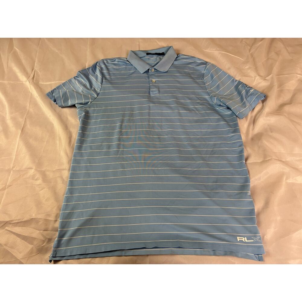 RLX Ralph Lauren Mens XL Light Blue White Striped Golf Polo The Plantation